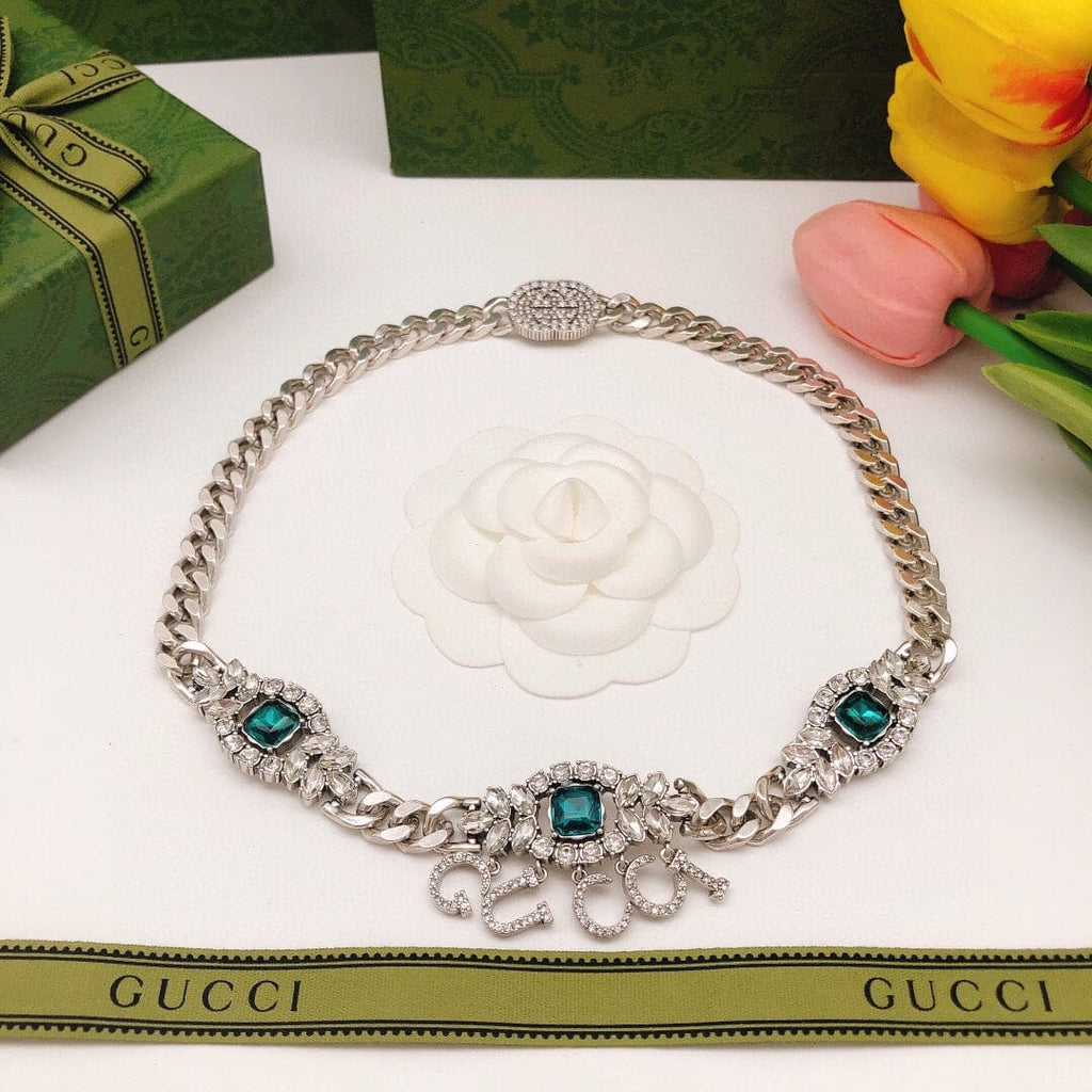 18K Double Gucci Script Diamonds Necklace
