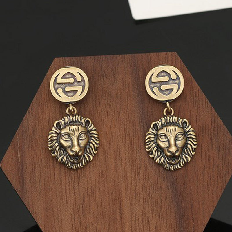 18K Double Gucci Lion Pendant Earrings