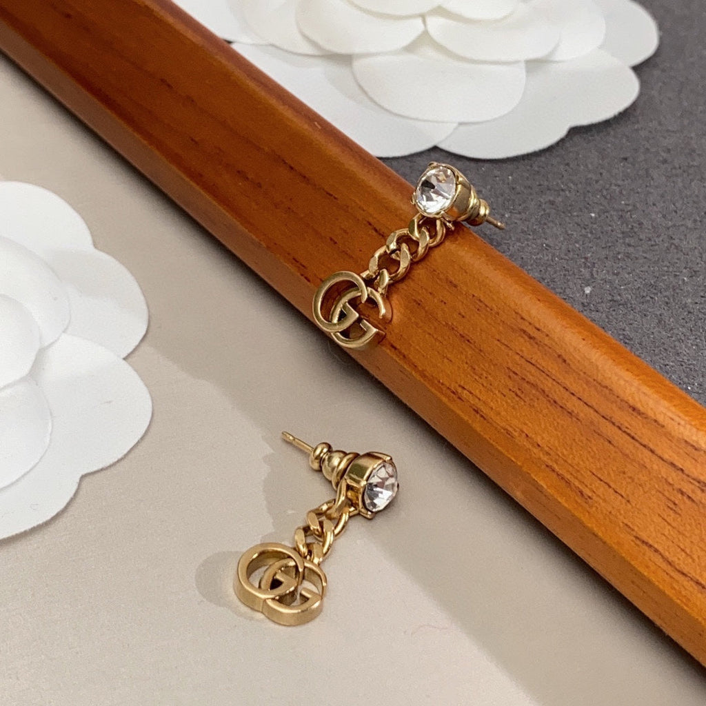 18K Double Gucci Crystal Chain Earrings
