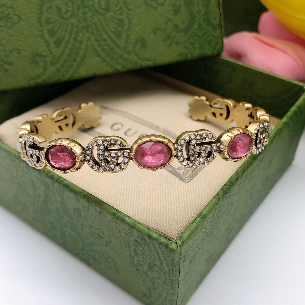18K Double Gucci Red Crystals Open Cuff Bracelet