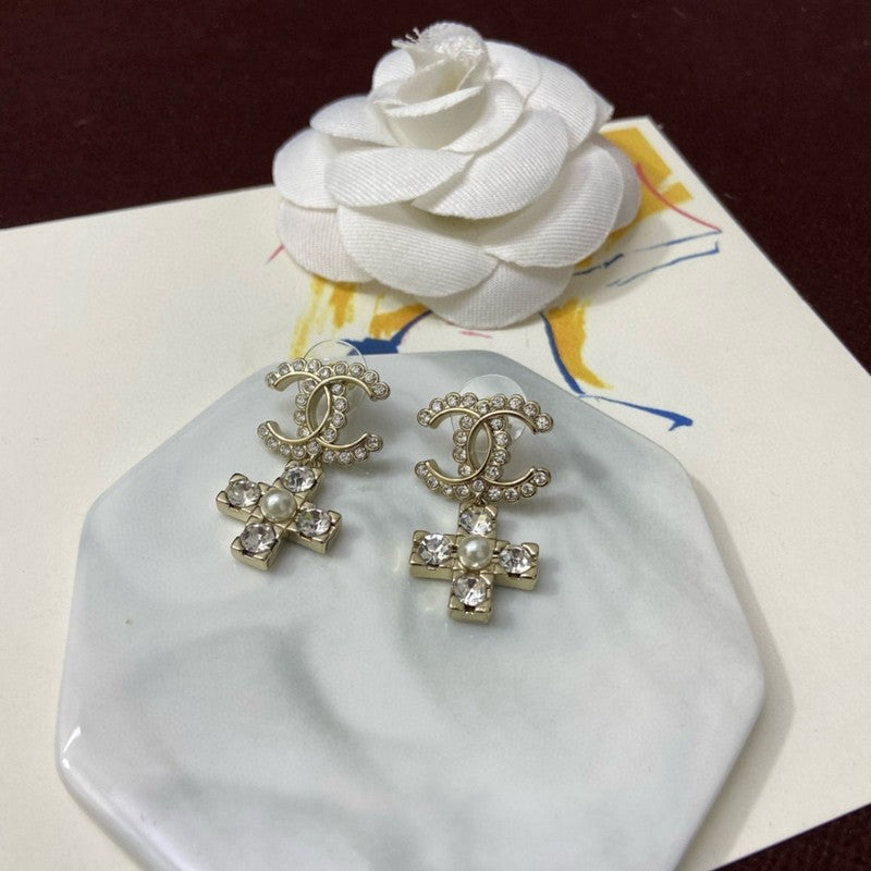 18K  Chanel Cross Pearl & Diamond Earrings