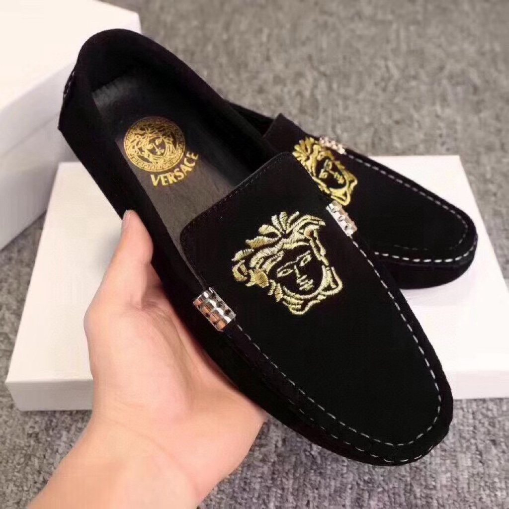 Versace Black Loafers with Gold Embroidery — model