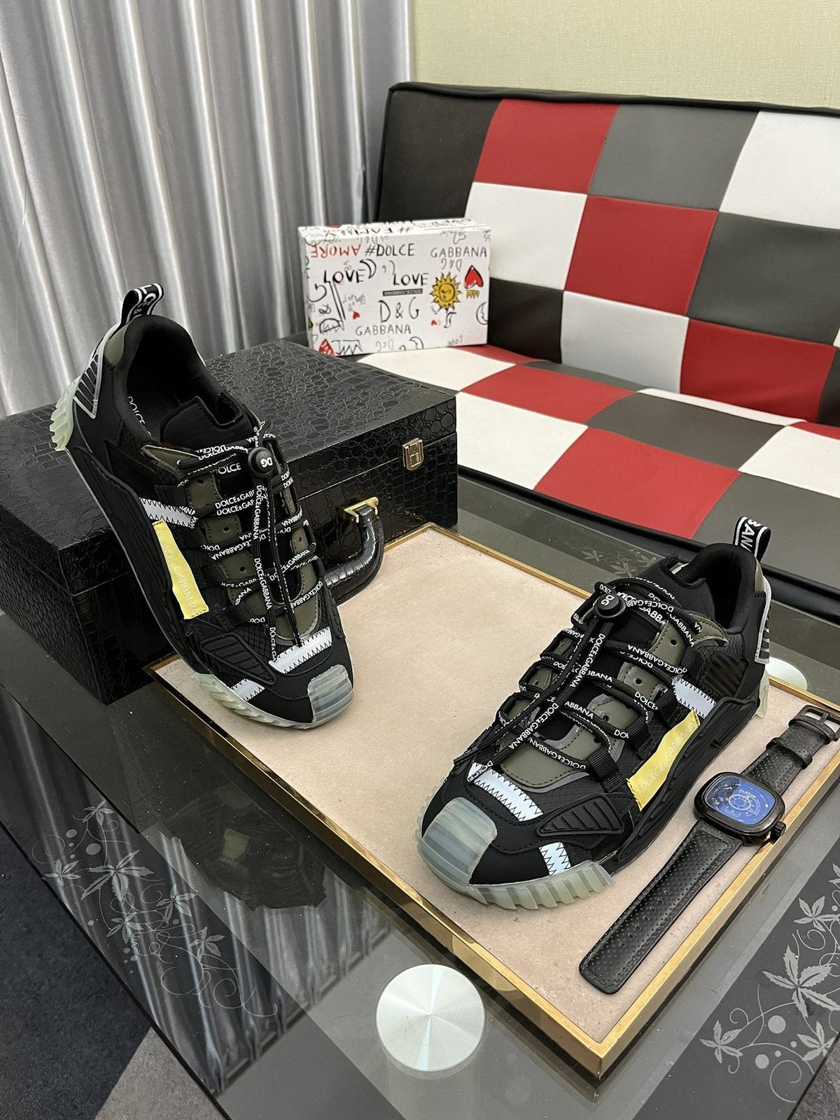 Dolce & Gabbana Black and Gray Sneakers with Yellow Accent — front
