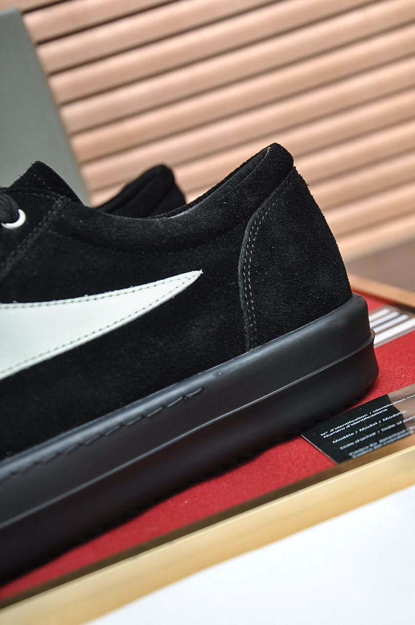 Rick Owens Black Low-Top Sneakers with White Side Panels — detail