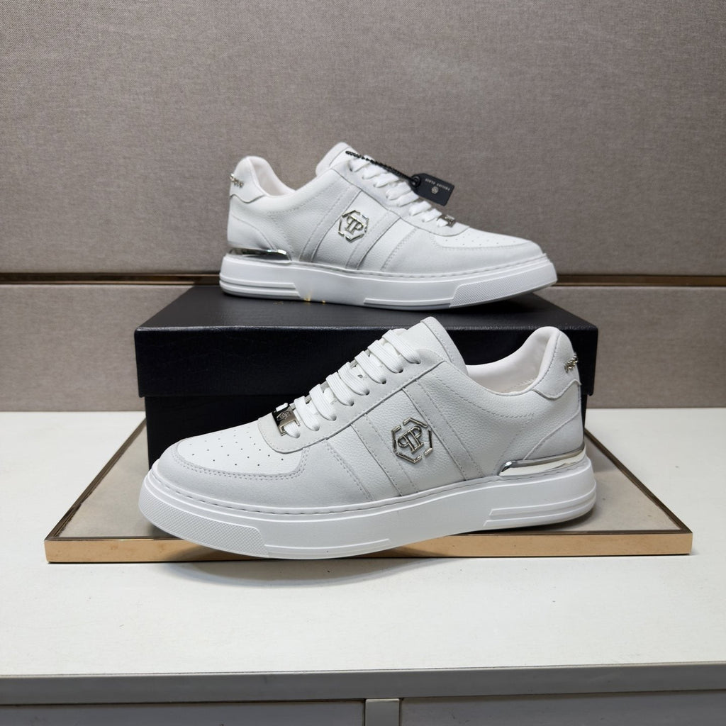 Philipp Plein White Low-Top Sneakers with Silver Accents — side