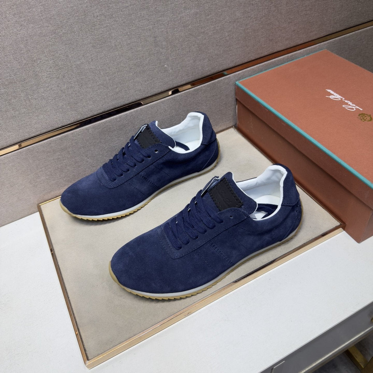 Loro Piana Navy Lace-Up Sneakers — front