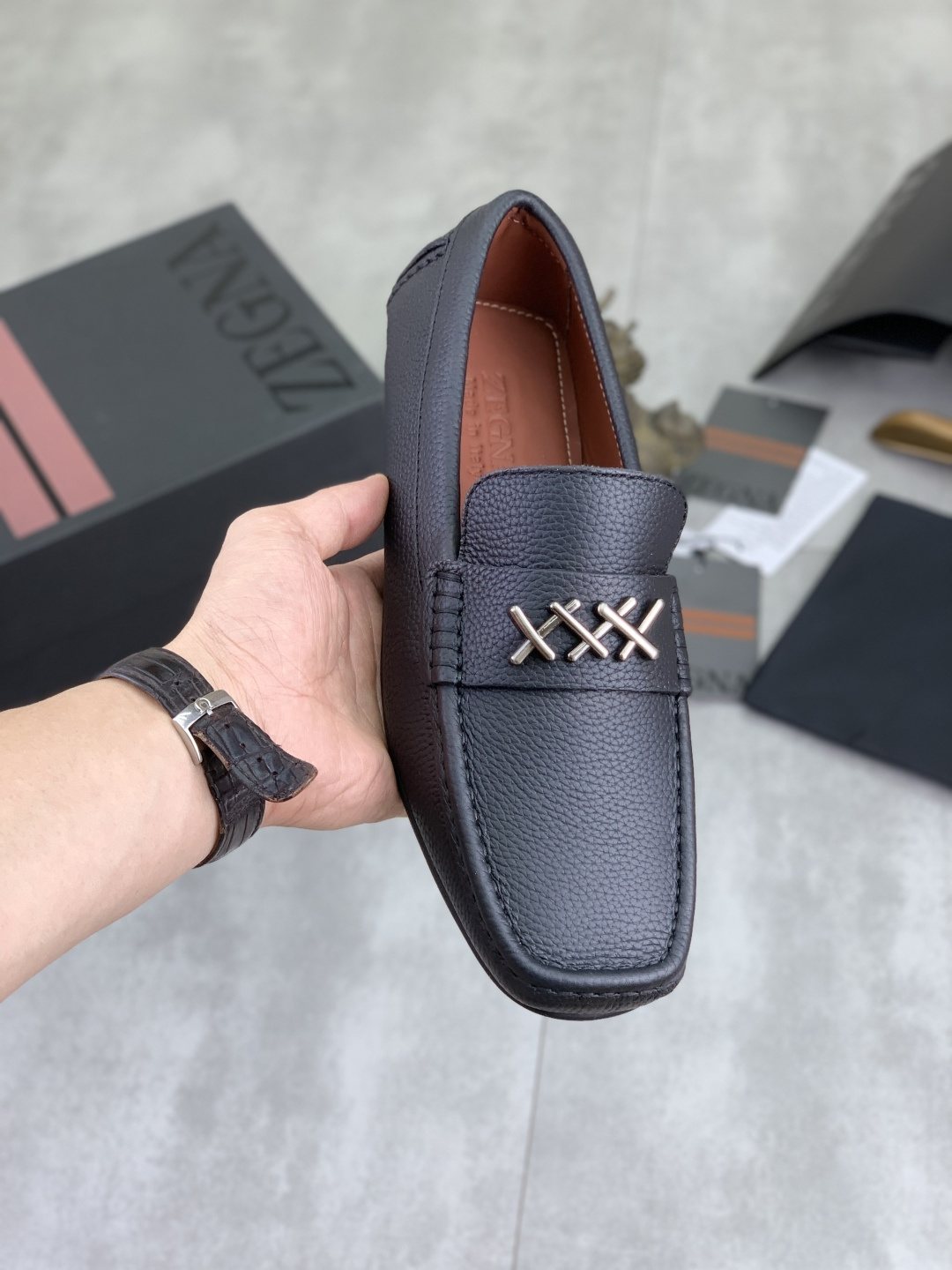 Zegna Square-Toe Leather Loafers with X Accents — model
