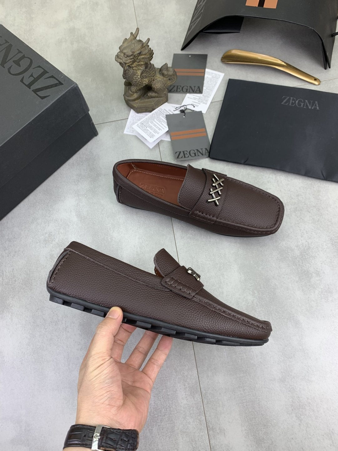 Zegna Square-Toe Leather Loafers with X Accents — model